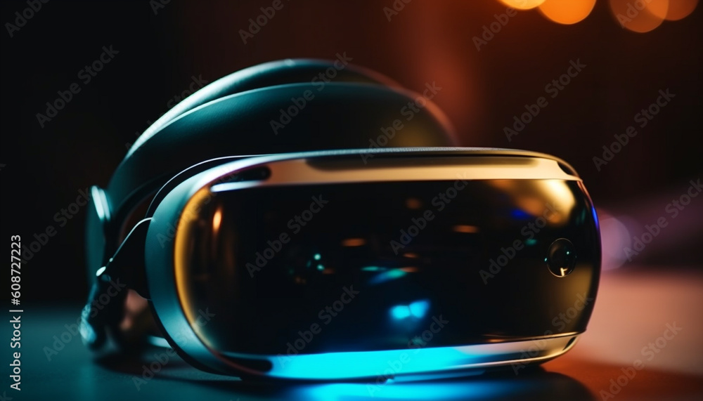 Poster futuristic virtual reality simulator illuminates dark studio with selective focus generated by ai