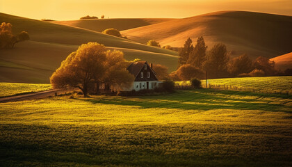 A tranquil scene of a rural farm at sunset generated by AI