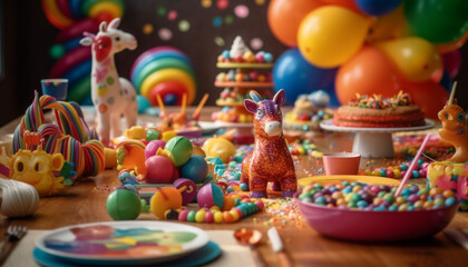 Fototapeta na wymiar Cute animal toy on vibrant, multi colored dessert table brings joy generated by AI