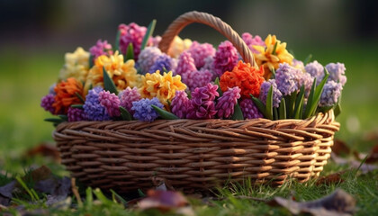 A vibrant bouquet of multi colored flowers in a wicker basket generated by AI