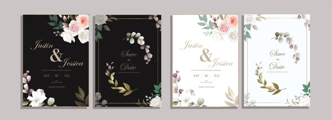 vector set of black and white wedding invitation card collection with floral and leaf motif, can be used for social media