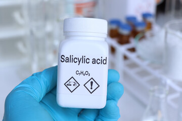 Salicylic acid in container, chemical analysis in laboratory