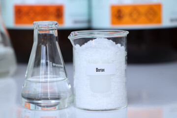 Borax in container, chemical analysis in laboratory