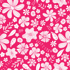 Pink Wildflowers and Daisies seamless vector pattern. Floral vector pattern with leaves.