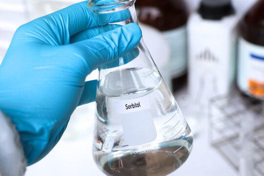 Sorbitol in container, chemical analysis in laboratory
