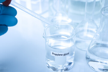 Propylene glycol in container, chemical analysis in laboratory