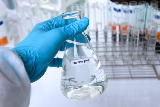 Propylene glycol in container, chemical analysis in laboratory