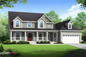 快晴の日、緑に囲まれた美しい家