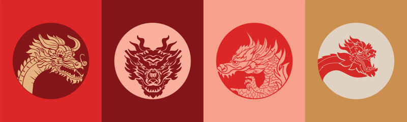 Chinese New Year 2024, the year of the Dragon, red and gold line art characters, simple hand-drawn Asian elements with craft (Chinese translation: Happy Chinese New Year 2024, year of the Dragon)