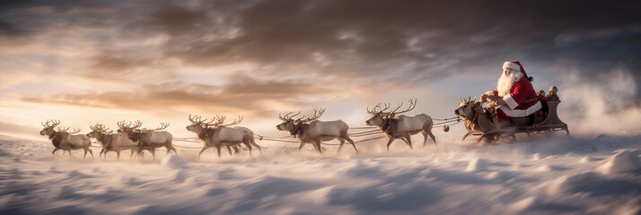 A santa claus riding in a sleigh pulled by reindeers. Generative AI. - obrazy, fototapety, plakaty