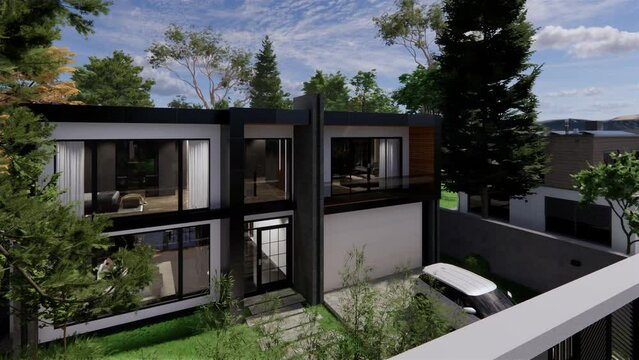 Luxurious exterior design modern house with a convenient entrance and a garage, 3d animation.