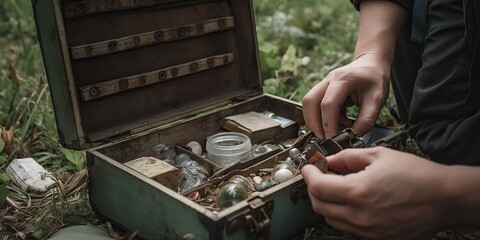 Person discovering a hidden geocache, uncovering a treasure trove of trinkets and memories left behind by fellow explorers, concept of Adventure seeking, created with Generative AI technology - obrazy, fototapety, plakaty