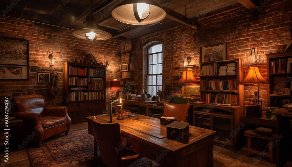 Poster modern library design with antique literature collection and rustic bookshelf generated by ai