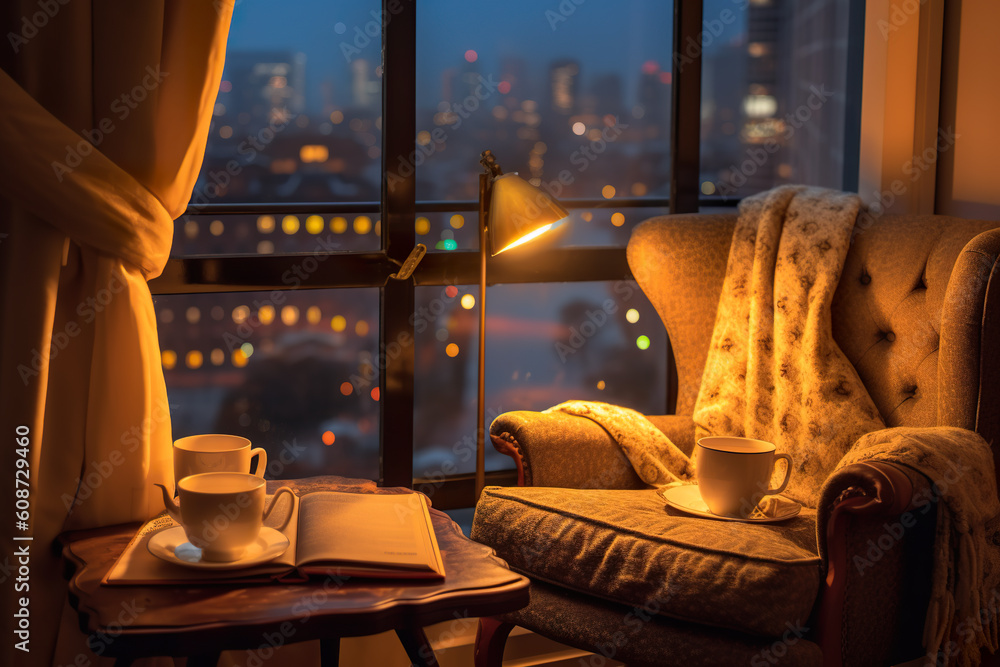 Poster a chair with a cup of coffee and a book on a table. generative ai. lamp illuminating reading nook by