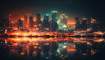 Obraz premium The glowing financial district illuminates the urban skyline at dusk generated by AI