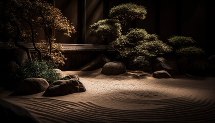 A tranquil scene of a pine tree in wet sand generated by AI