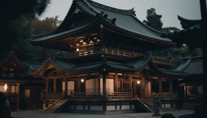 Fototapeta premium The ancient pagoda illuminates the night, showcasing East Asian culture generated by AI