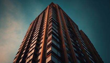 Modern skyscraper facade reflects futuristic city life at dusk, success achieved generated by AI