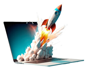 Digital illustration of laptop and rocket, PNG transparent background. Generative AI