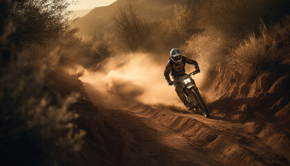 Fototapeta na wymiar Mountain biker races through dirt, risking it all for adventure generated by AI