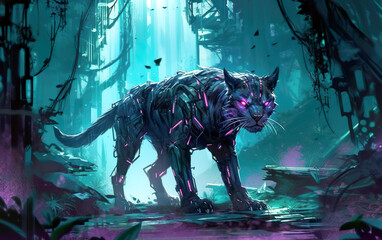 Futuristic black panther with cybernetic enhancements blending into neon city shadows. A cybernetic black panther with glowing eyes roams a dystopian world with neon lights. AI generated.