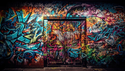 Abstract graffiti mural in old building feature in chaotic city street generated by AI - obrazy, fototapety, plakaty