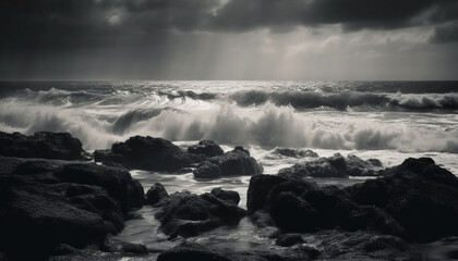 Breaking waves crash against rocky coastline in dramatic monochrome motion generated by AI
