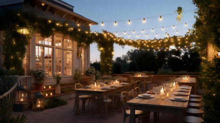 Fototapeta na wymiar Outdoor restaurant design, terrace with comfortable seating, greenery, and string lights, Generated AI
