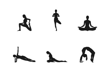 Silhouettes of slim girl practicing yoga stretching exercises.Silhouettes of woman doing yoga poses. Shapes of woman doing yoga fitness workout. Set of yoga positions.isolated on white background.