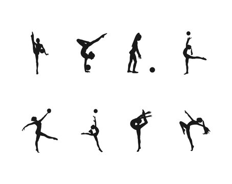 Set of rhythmic gymnastics silhouettes. Different apparatus like ribbon, clubs, hoop, rope and ball.rhythmic gymnastics element,jumping doing split leap in the air,dancer isolated on white background.
