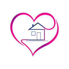 Heart and house icon. concept - home is my love . Logo or icon in the form of a linear drawing of a house and a heart.
