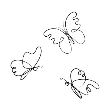 Set of butterflies, sketch in black lines. Vector illustration isolated on white background.