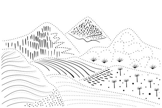 Creative abstract simplified drawing in a childish manner. Freehand sketch. Mountain landscape from badges trees, bushes, plants, terraces, fields,
Trendy graphic design for patterns, wallpapers, card