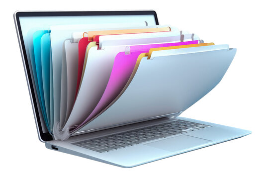File folder on laptop screen on PNG transparent background, data storage concept. Generative AI