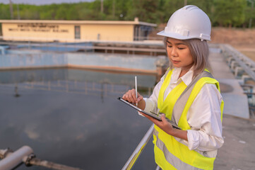 Environmental engineers work at wastewater treatment plants,Water supply engineering working at Water recycling plant for reuse,Technicians and engineers discuss work together.