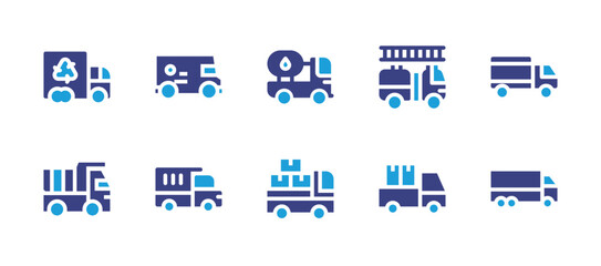 Truck icon set. Duotone color. Vector illustration. Containing recycling truck, delivery truck, oil truck, fire truck, truck, dump truck.