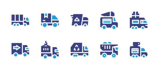 Truck icon set. Duotone color. Vector illustration. Containing delivery truck, truck, food truck, gift, mover truck, coffee truck.