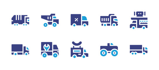 Truck icon set. Duotone color. Vector illustration. Containing garbage truck, dumper truck, delivery truck, dump truck, food truck, truck, maintenance, monster truck.