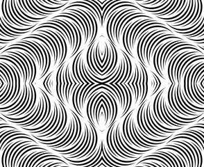 Line art optical art. Psychedelic background. Monochrome background. Optical illusion style. Black dark background. Modern pattern. Abstract graphic texture. Graphic ornament
