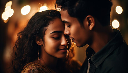 A young couple in love, embracing under the illuminated night generated by AI