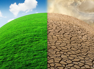 Green land to dry desert Global warming, climate change theme concept.