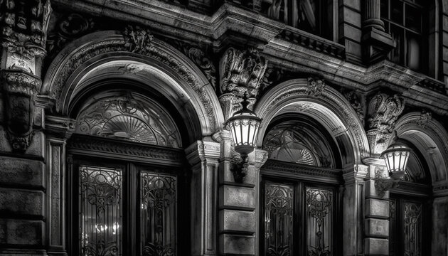 The Gothic facade of an old Catholic building in black and white generated by AI