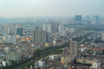 Fototapeta premium Aerial view of Hanoi Downtown Skyline, Vietnam. Financial district and business centers in smart urban city in Asia. Skyscraper and high-rise buildings.
