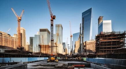 Tall buildings under construction and cranes under a blue sky in Central City. Generative AI