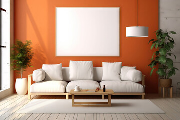 blank rectangular mockup frame on a modern living room with an orange wall