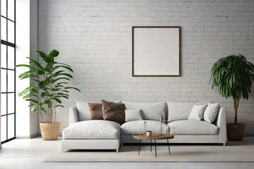 blank square modern mockup frame on a modern living room. painted brick wall