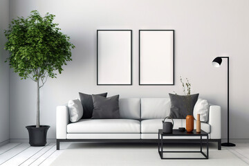 two rectangular mockup frames on vertical position in a minimalistic modern living room