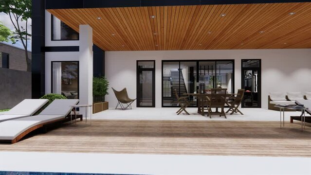 Exterior of a family house with a terrace, a garden, a swimming pool, and a relaxation area. 3D animation.