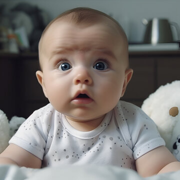 Portrait of a Caucasian baby, four to five months old. Baby did not understand something and is wondering, AI generative content.