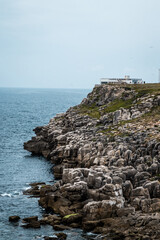 Berlenga Islands mountains in Portugal. Cloudy landscape of a cliff in the Iberian Peninsula.